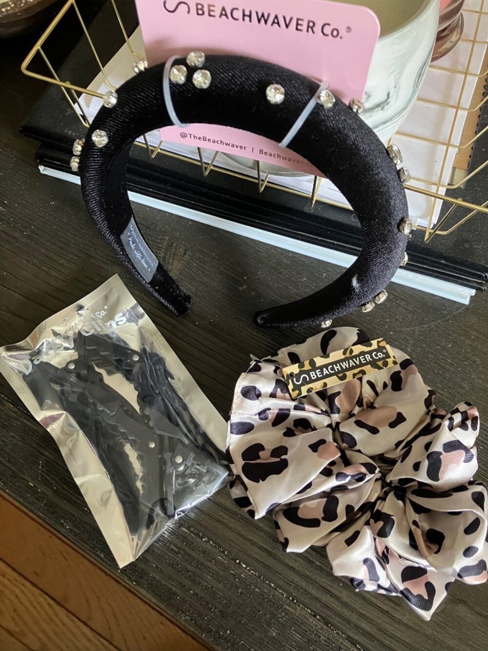New (3) Beachwaver Products Headband, Black Darby Clips, Scrunchie